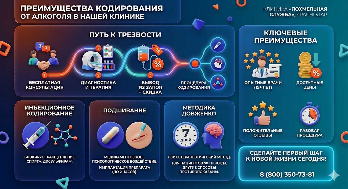Инфографика о методах кодирования от алкоголя в Ровеньках: инъекции, подшивание, метод Довженко. Преимущества клиники и этапы лечения.